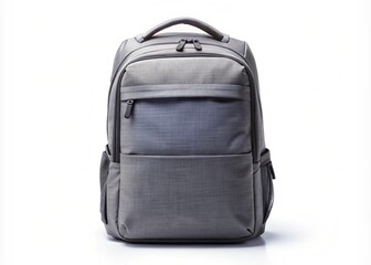 Front view of a gray laptop backpack isolated on a white background