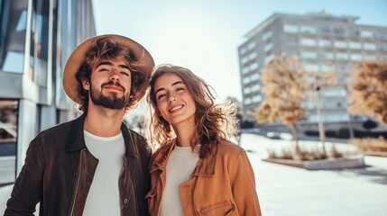 young couple smiling outdoors in urban setting, enjoying sunny day, embodying casual fashion and happiness. man in hat, woman in jacket, surrounded by modern architecture