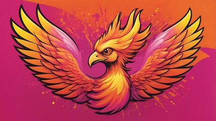 Obraz premium A pop art phoenix logo with fiery orange, pink, and yellow tones and a halftone background