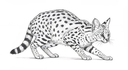 Fototapeta premium Serval cat illustration grayscale wildlife art