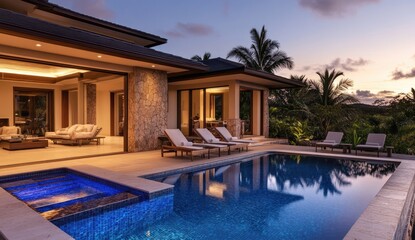 Fototapeta premium Modern home with swimming pool and patio overlooking a tropical landscape