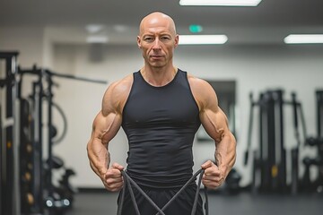 A fit Caucasian man holds a skipping rope as he exercises at the gym