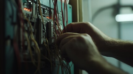 Electrician testing circuit connections in a fuse box. Featuring electrical diagnostics and safety checks