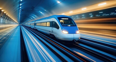 Fototapeta premium A train is traveling down a track with a tunnel in the background