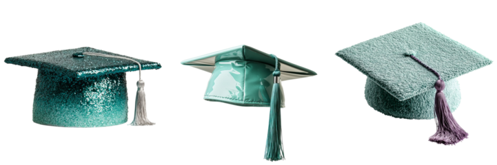 Png of A trio of stylish turquoise graduation caps with glittery textures, showcasing diversity in design for celebrating academic achievements.