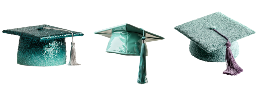 Png of A trio of stylish turquoise graduation caps with glittery textures, showcasing diversity in design for celebrating academic achievements.