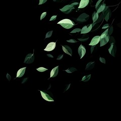Green Leaves Falling against a Dark Background in a Minimalist Style
