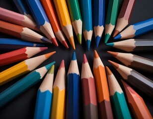 group of colored pencils of different colors isolated on a black background. blue color pulled up. close-up.