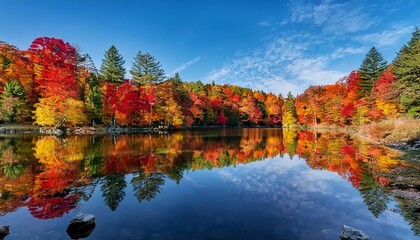 Colorful autumn forest reflecting in a tranquil lake under a cloudy sky