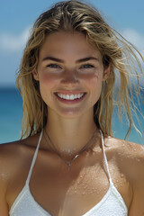 Smiling woman on the beach enjoying the sunny day and ocean breeze
