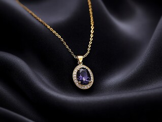 Fototapeta premium Elegant gold necklace with gemstone pendant on black velvet, luxury fashion accessory