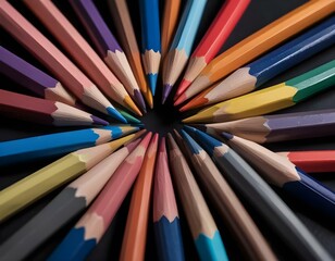 group of colored pencils of different colors isolated on a black background. blue color pulled up. close-up.