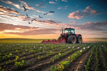 Farm tractor working a field at sunset