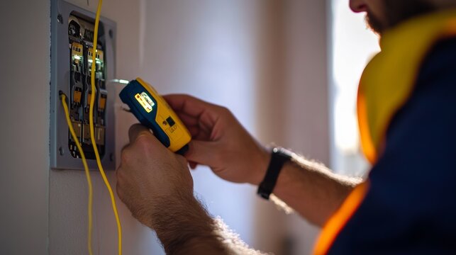 Electrician testing electrical outlets in a newly built home. Featuring expertise and precision