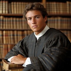 Young man in academic gown, library setting