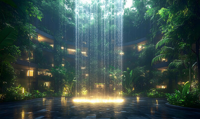 Serene indoor waterfall surrounded by lush greenery in a modern atrium with soft lighting