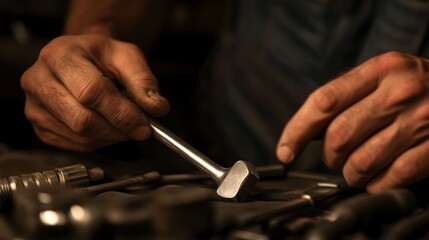Expert hands organize metal tools on a workbench during late evening hours in a workshop