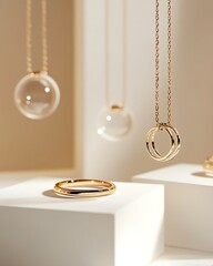 Abstract gold jewelry display with floating rings and chains, editorial style