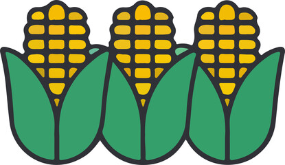Three stylized ears of corn with yellow kernels and green leaves, presented in a simple and graphic cartoon style.