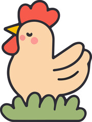 A charming light orange cartoon chicken with a red comb and wattle, a small yellow beak, and rosy cheeks, standing on a patch of green grass. Simple and cute.