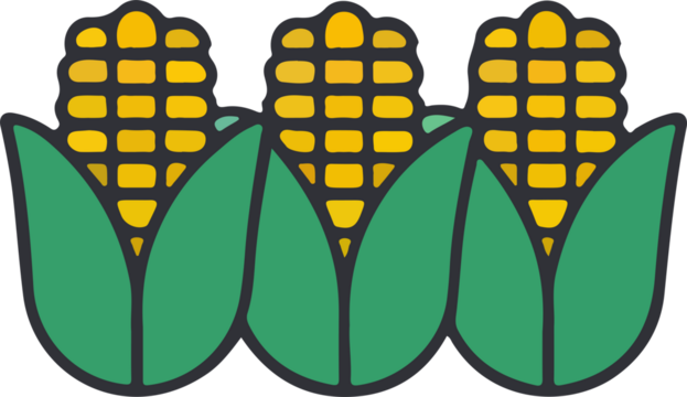 Three stylized ears of corn with yellow kernels and green leaves, presented in a simple and graphic cartoon style.