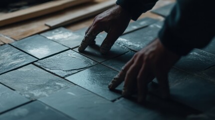 Tiler placing ceramic tiles in a bathroom. Featuring precision and neatness