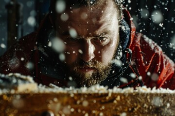 Drill working on wooden plank diy woodworking power tool close-up