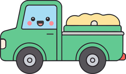 Cute green cartoon farm truck with a happy face and a load of hay. Fun and playful design perfect for kids' materials, farming graphics, or educational content.