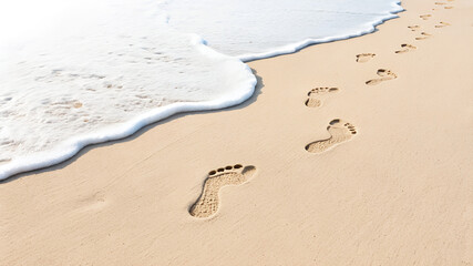 A trail of barefoot footprints stretches along the beach, gently approached by soft ocean foam. A peaceful summer moment that evokes freedom, travel, and seaside serenity.