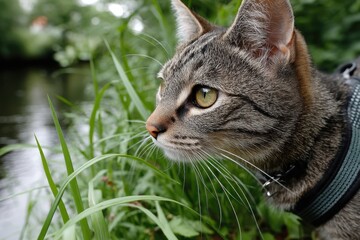 A curious cat intently explores the lush greenery along a riverbank, showcasing a sense of adventure and inquisitiveness in its vibrant natural environment.