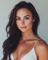 Fototapeta premium A girl with a beautiful and delicate appearance, dressed in a silk top, is featured in a cosmetics ad with a grey background, her long dark hair blowing in the wind, as the focus is on promoting