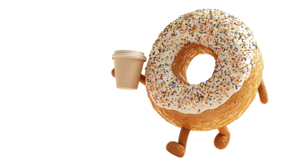 Png of A cheerful cartoon donut with colorful sprinkles, holding a coffee cup, embodying fun and whimsy.