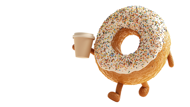 Png of A cheerful cartoon donut with colorful sprinkles, holding a coffee cup, embodying fun and whimsy.
