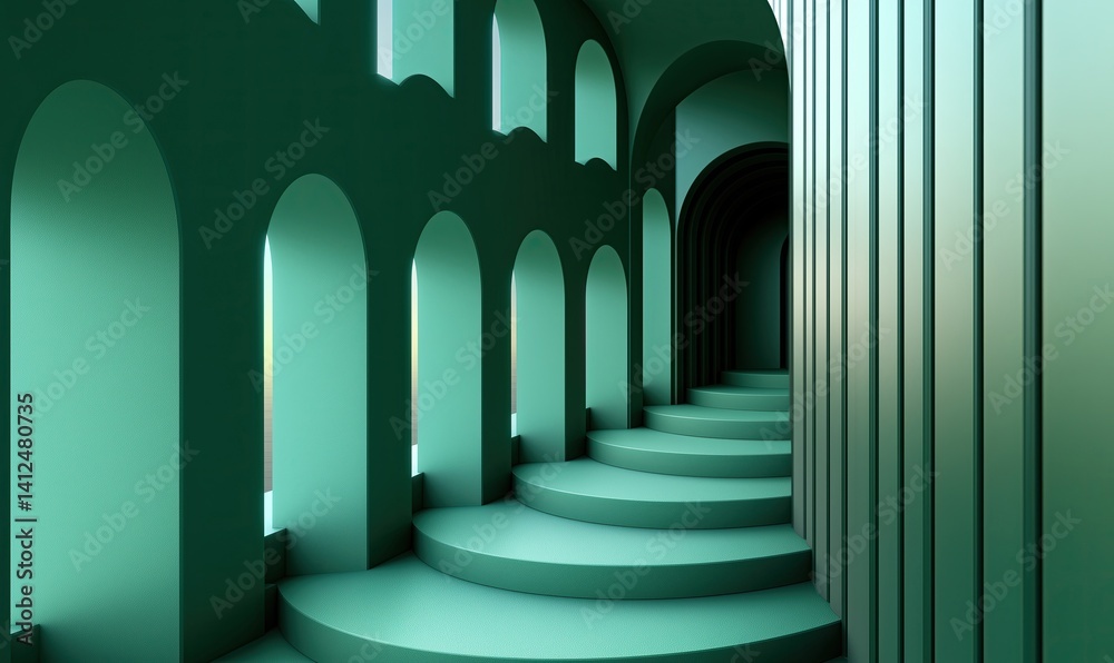Poster abstract dark green gradient background with striped patterns and architectural elements, creating a