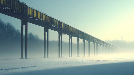 Fototapeta premium Serene winter landscape featuring a long elevated bridge disappearing into misty background