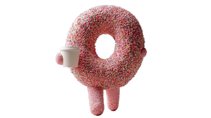 Png of A playful donut character with colorful sprinkles, holding a coffee cup, exuding a cheerful and whimsical vibe.