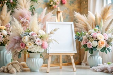 Pastel boho wedding decor, Bohemian Ceremony Designs Elegant floral arrangements beside a blank canvas in a light, airy setting.