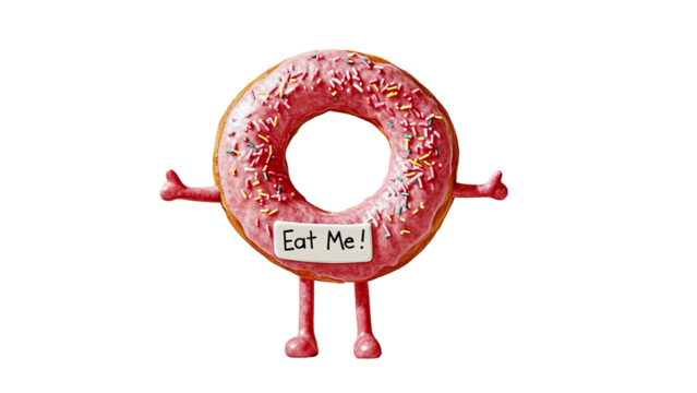 Png of A playful cartoon donut with sprinkles and arms, holding a sign that says 'Eat Me!' in a cheerful pose.