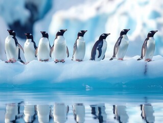 Fototapeta premium Penguin Parade: A delightful parade of penguins gather together on a sheet of icy ground reflecting in calm water, showcasing the remarkable teamwork and playful nature of these fascinating creatures.