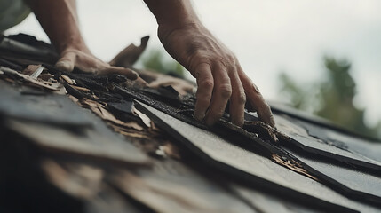 Roofing contractor removing old shingles from a roof. Featuring roof repair