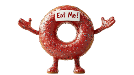 Png of A cheerful red donut with arms and a sign saying 'Eat Me!' invites you to indulge in its sweet goodness.