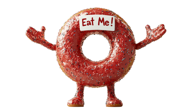 Png of A cheerful red donut with arms and a sign saying 'Eat Me!' invites you to indulge in its sweet goodness.