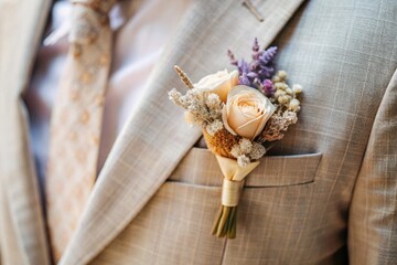 Pastel boho wedding decor, Bohemian Ceremony Designs Elegant boutonniere featuring muted roses and dried flowers on a stylish suit.