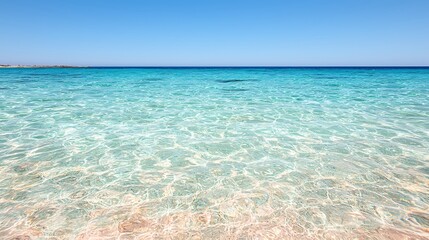 Obraz premium Serene turquoise sea under a clear blue sky, sparkling water reflecting sunlight in a tranquil coastal landscape.