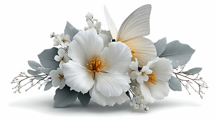 Elegant white flowers and butterfly arrangement on white background