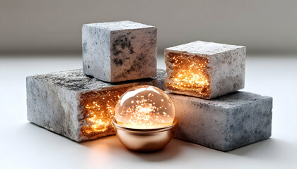 Glowing orb nestled within fragmented stone cubes on white background