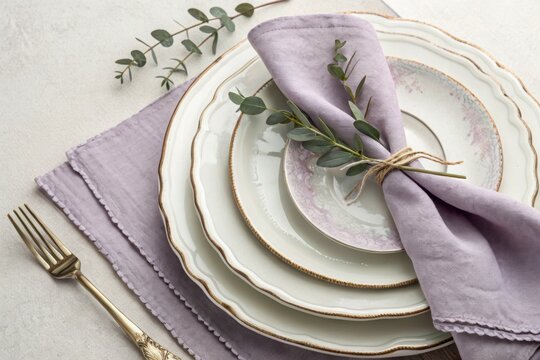 Pastel boho wedding decor, Bohemian Ceremony Designs Elegant table setting with vintage plates, linen napkin, and greenery accent.