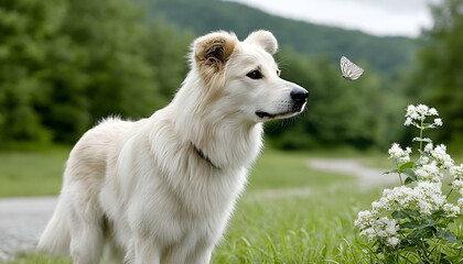 Obraz premium Fluffy white dog watching butterfly near flowers