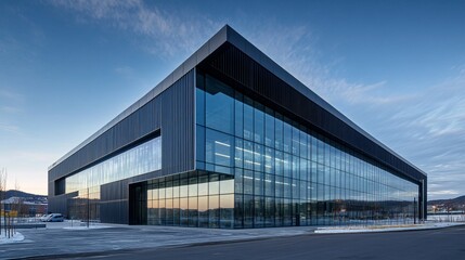 Modern building with glass facade under a clear blue sky.