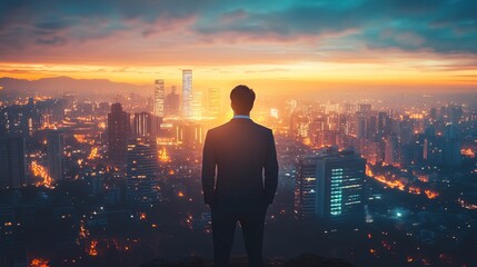 Businessman Overlooking City at Sunset